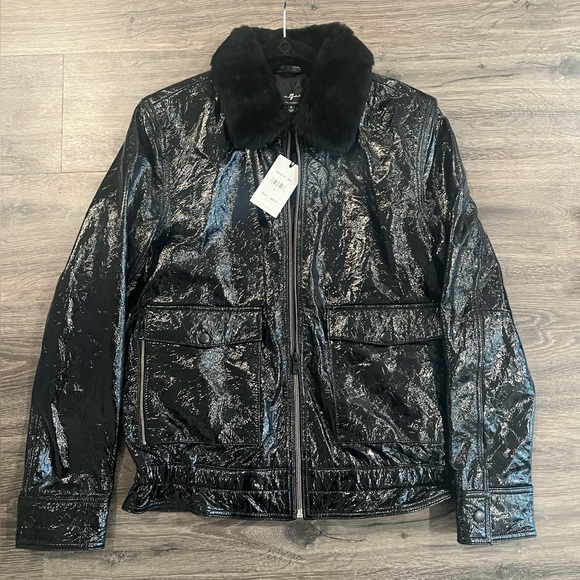 7 For All Mankind. Faux Fur Collar Patent Leather Jacket - Picture 2 of 11
